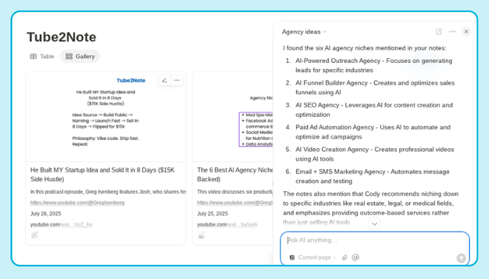 Notion page showing YouTube notes and AI query with agency ideas